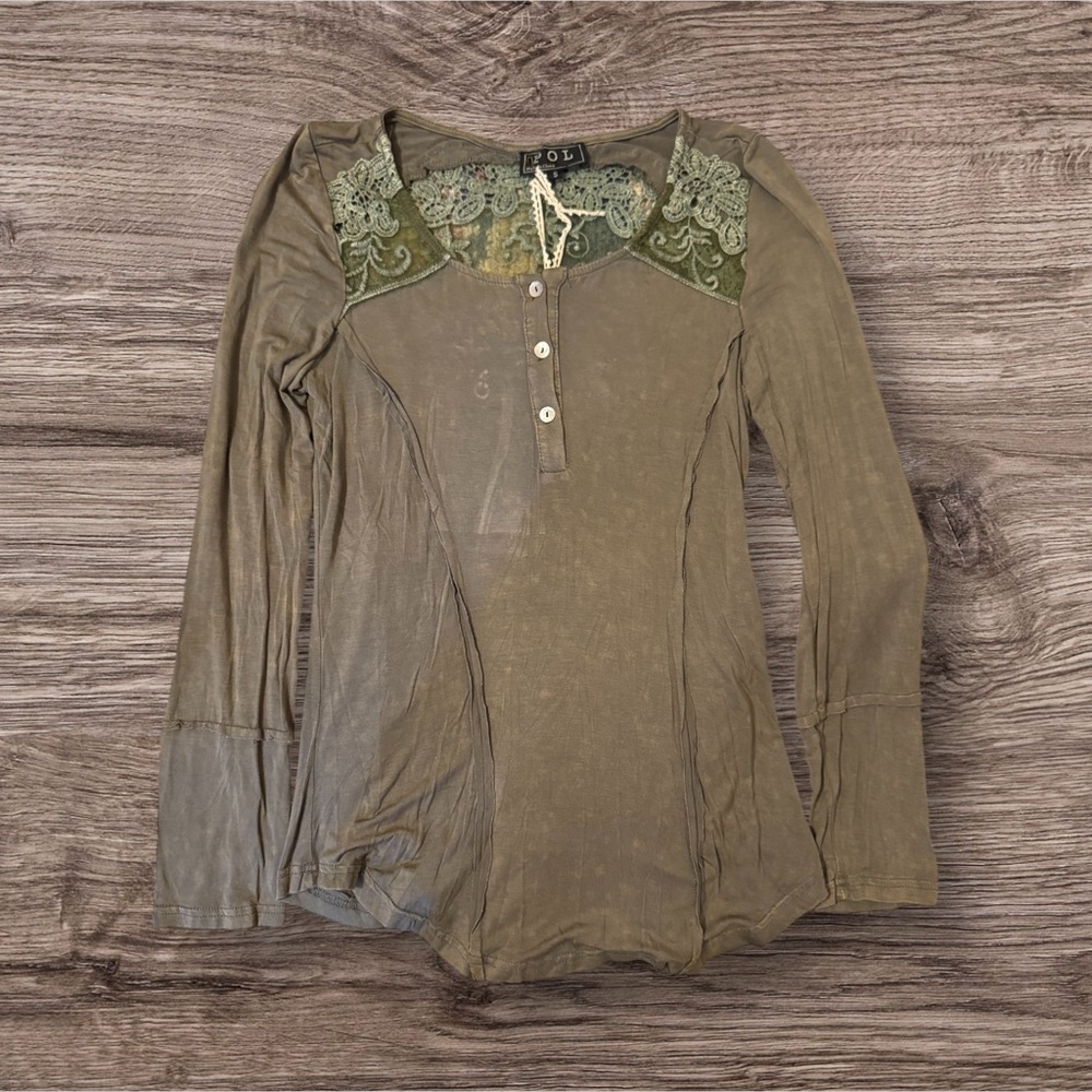 POL Olive Green Lace Henley Top Small NWT